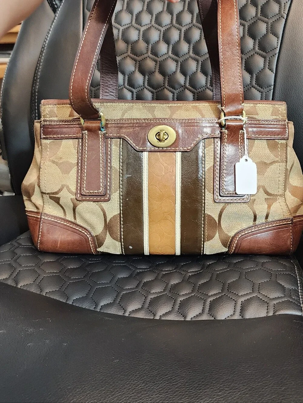 Coach Brown Signature Tote with Leather Trim and Stripe Detail